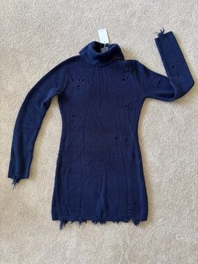 Turtleneck Distressed Knit Sweater Dress - Navy